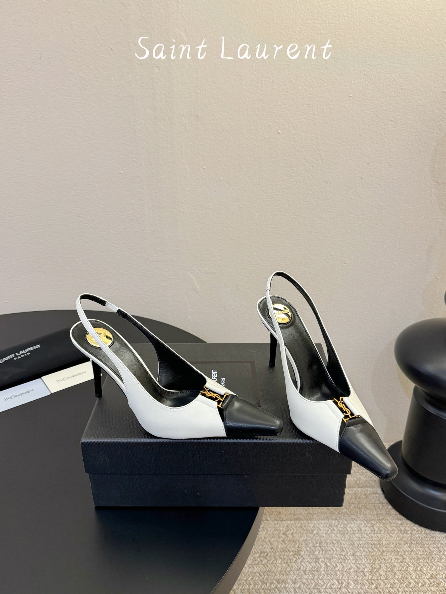 YSL BABYLONE SLINGBACK PUMPS IN WHITE MIX BLACK CALFSKIN
