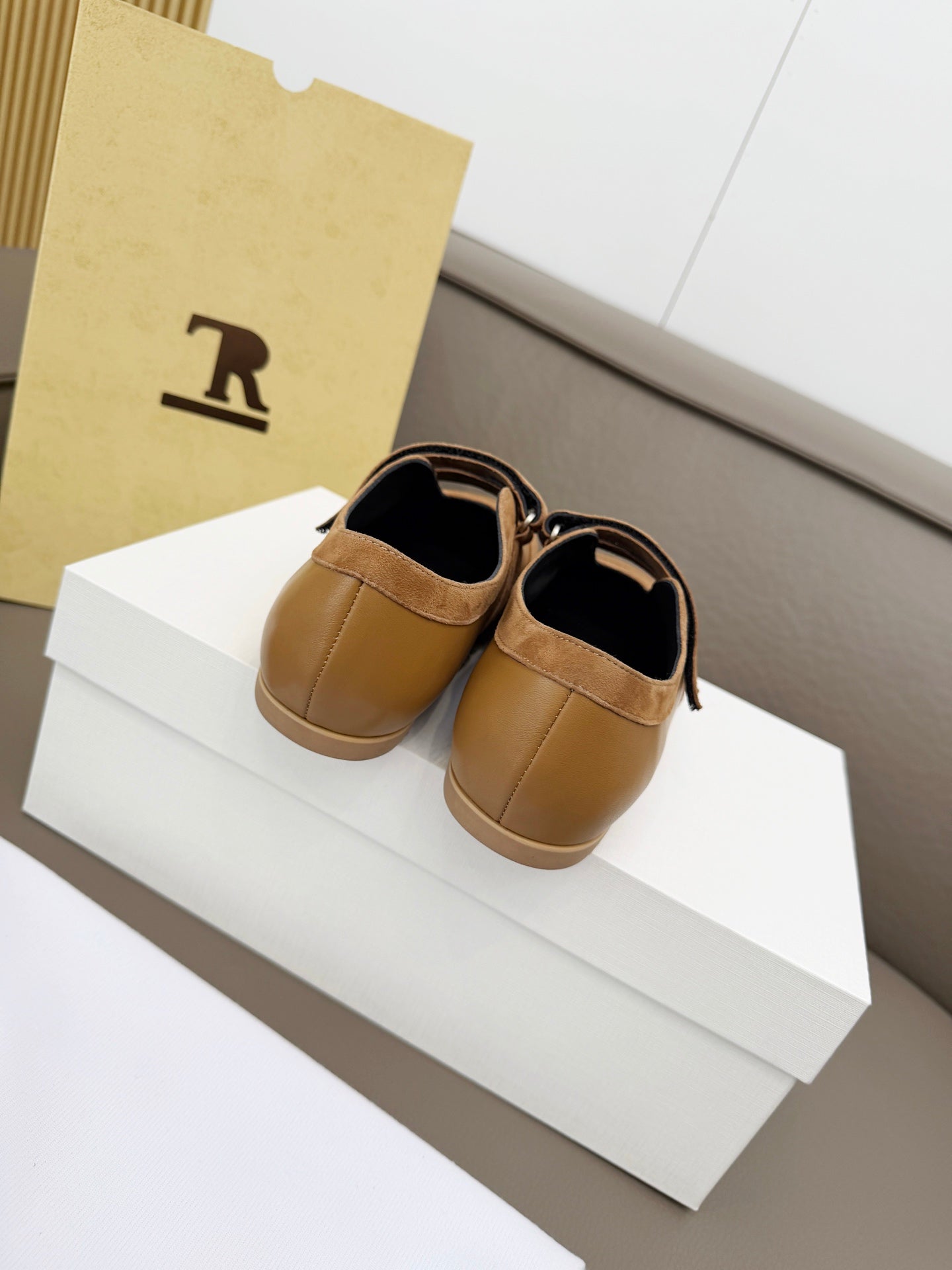 THE ROW 26S DOUBLE STRAP MARY JANE SNEAKERS IN CAMEL BROWN CALFSKIN AND SUEDE