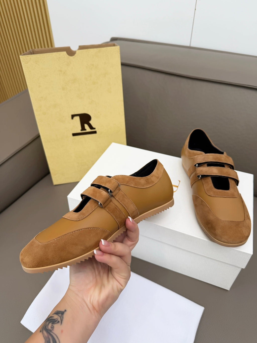 THE ROW 26S DOUBLE STRAP MARY JANE SNEAKERS IN CAMEL BROWN CALFSKIN AND SUEDE