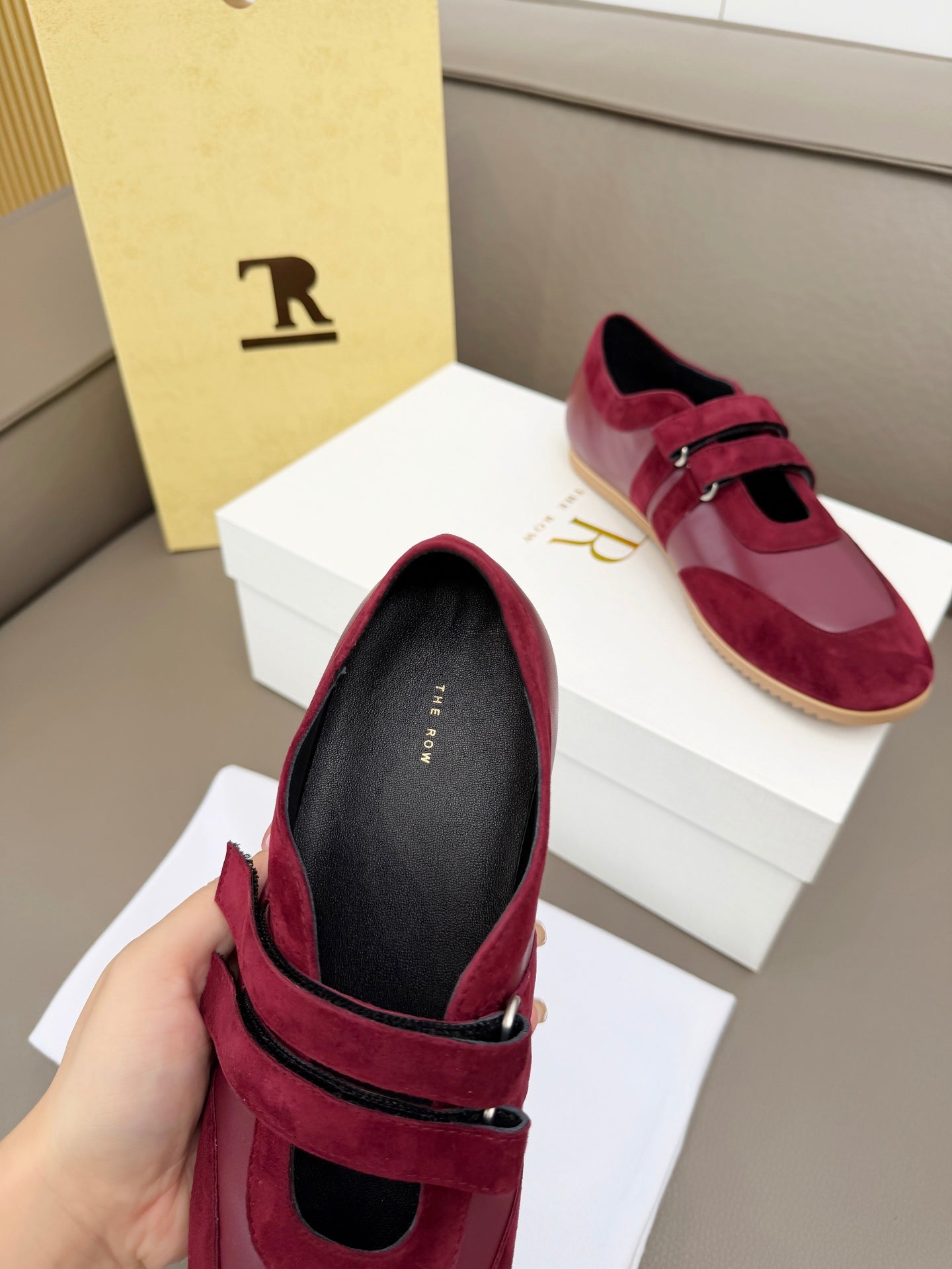 THE ROW 26S DOUBLE STRAP MARY JANE SNEAKERS IN BURGUNDY RED CALFSKIN AND SUEDE