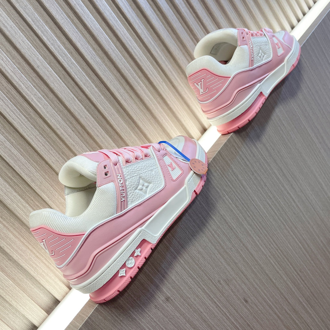 LV 26S LOW TOP SNEAKERS IN WHITE AND LIGHT PINK CALFSKIN WITH MONOGRAM SOLE DETAIL