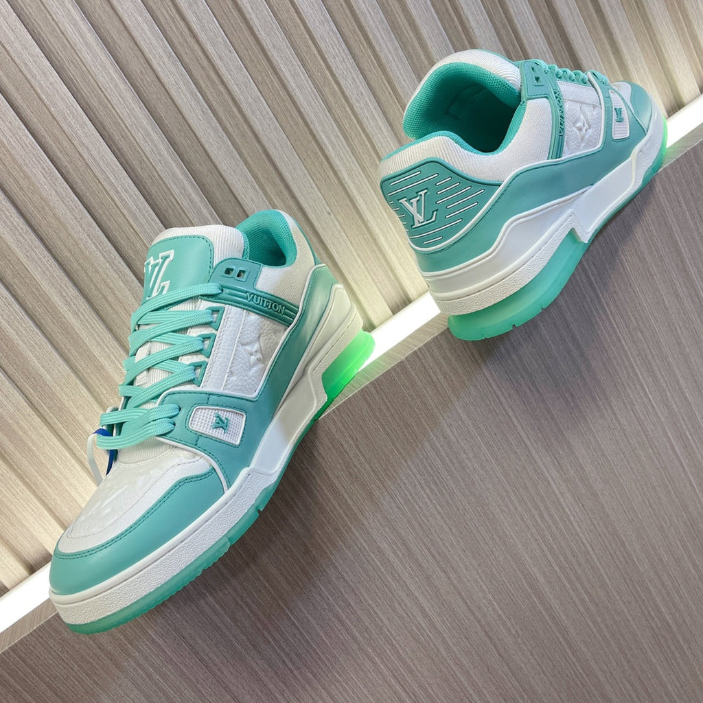 LV 26S LOW TOP SNEAKERS IN WHITE AND MINT GREEN CALFSKIN WITH MONOGRAM SOLE DETAIL