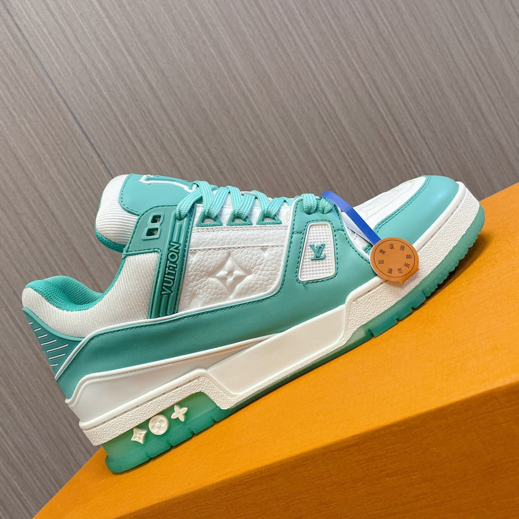 LV 26S LOW TOP SNEAKERS IN WHITE AND MINT GREEN CALFSKIN WITH MONOGRAM SOLE DETAIL