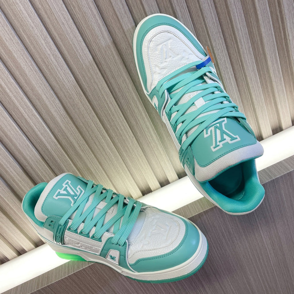 LV 26S LOW TOP SNEAKERS IN WHITE AND MINT GREEN CALFSKIN WITH MONOGRAM SOLE DETAIL