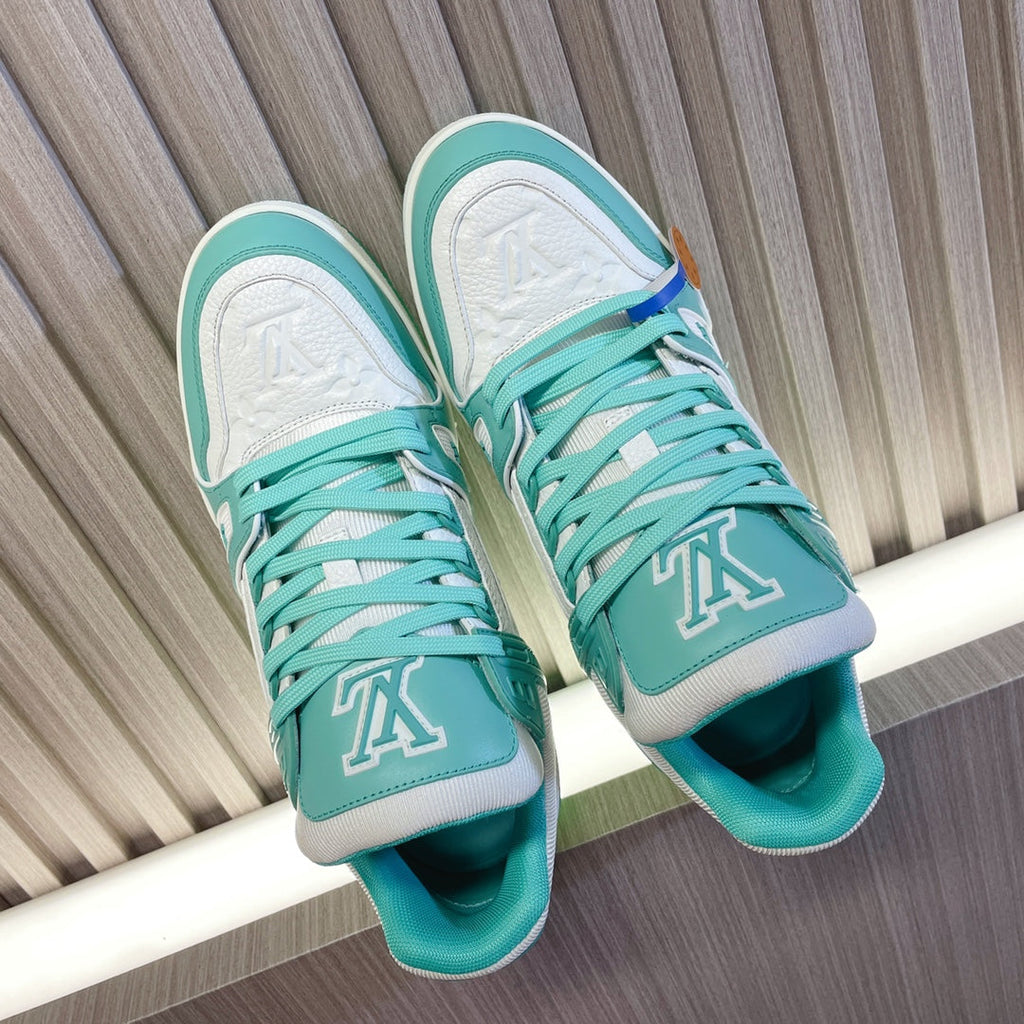 LV 26S LOW TOP SNEAKERS IN WHITE AND MINT GREEN CALFSKIN WITH MONOGRAM SOLE DETAIL