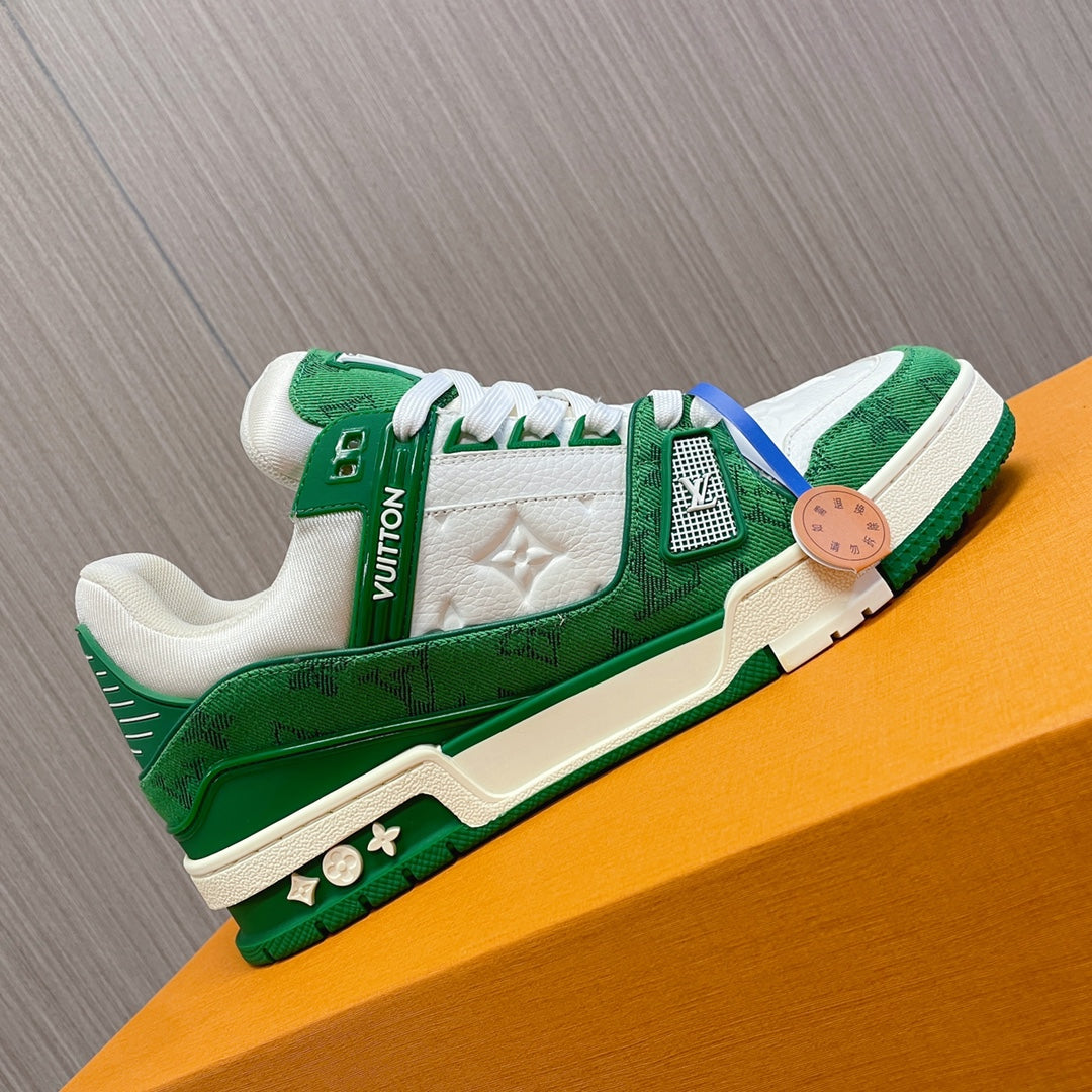 LV 26S LOW TOP SNEAKERS IN GREEN MONOGRAM DENIM AND WHITE CALFSKIN