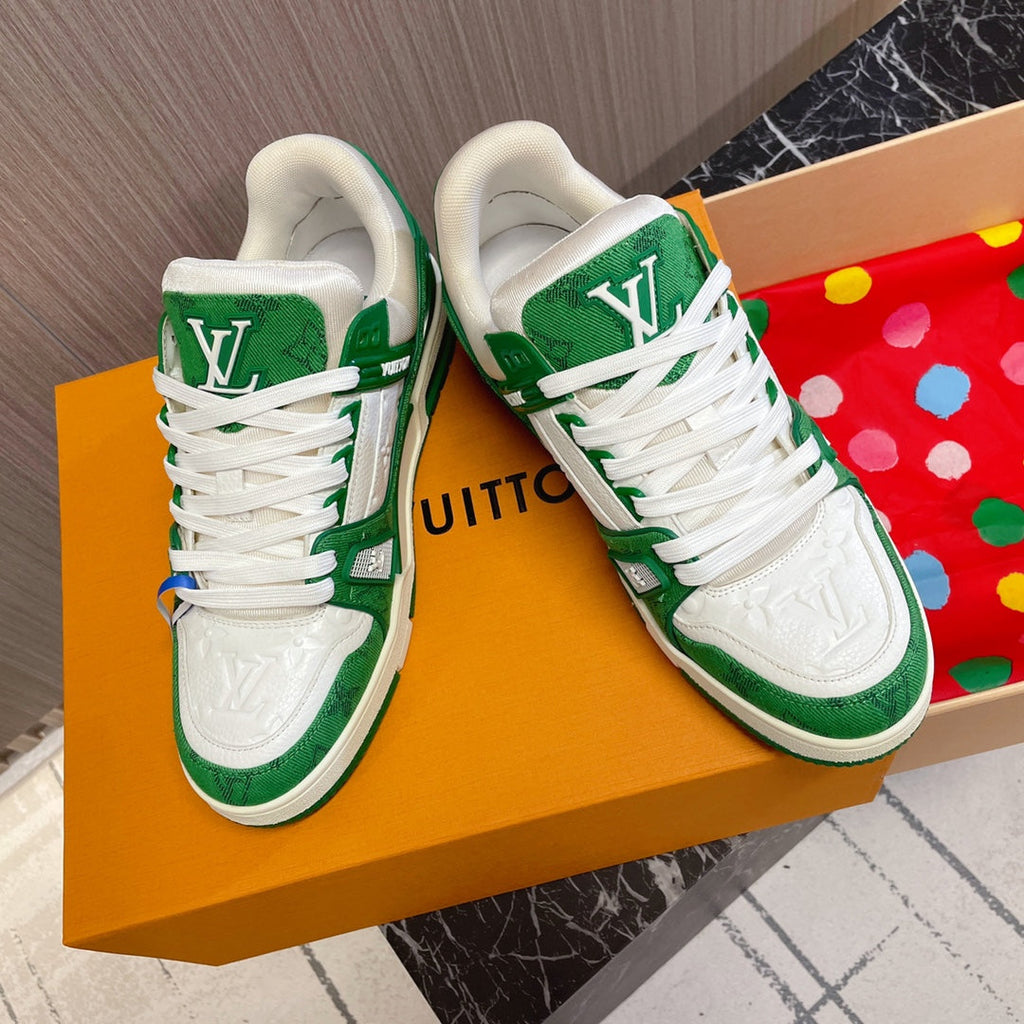 LV 26S LOW TOP SNEAKERS IN GREEN MONOGRAM DENIM AND WHITE CALFSKIN