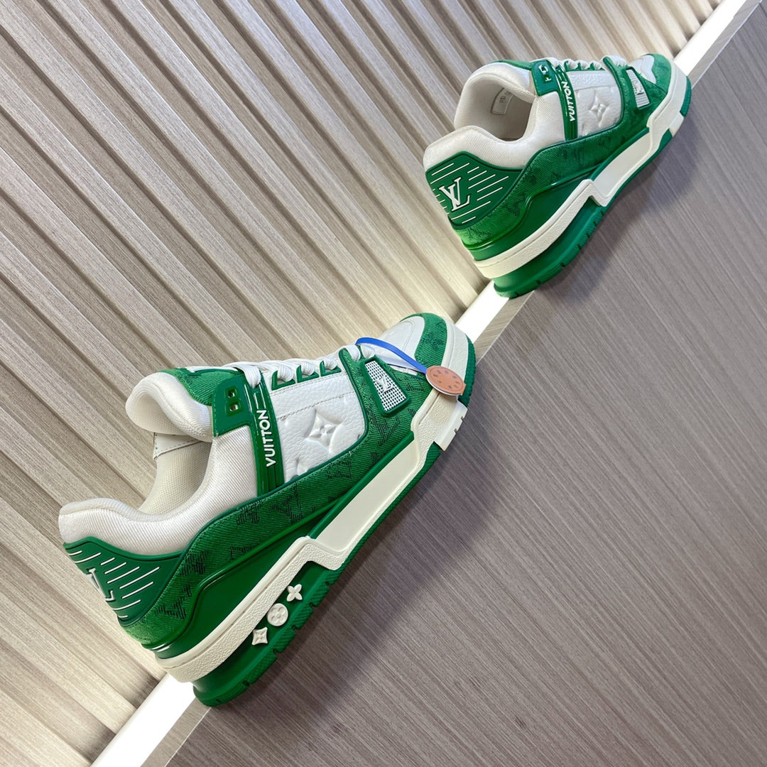 LV 26S LOW TOP SNEAKERS IN GREEN MONOGRAM DENIM AND WHITE CALFSKIN