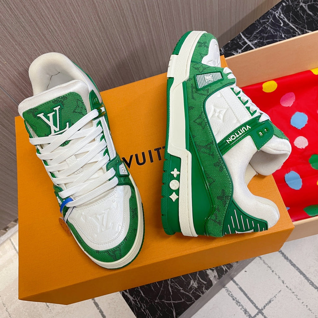 LV 26S LOW TOP SNEAKERS IN GREEN MONOGRAM DENIM AND WHITE CALFSKIN