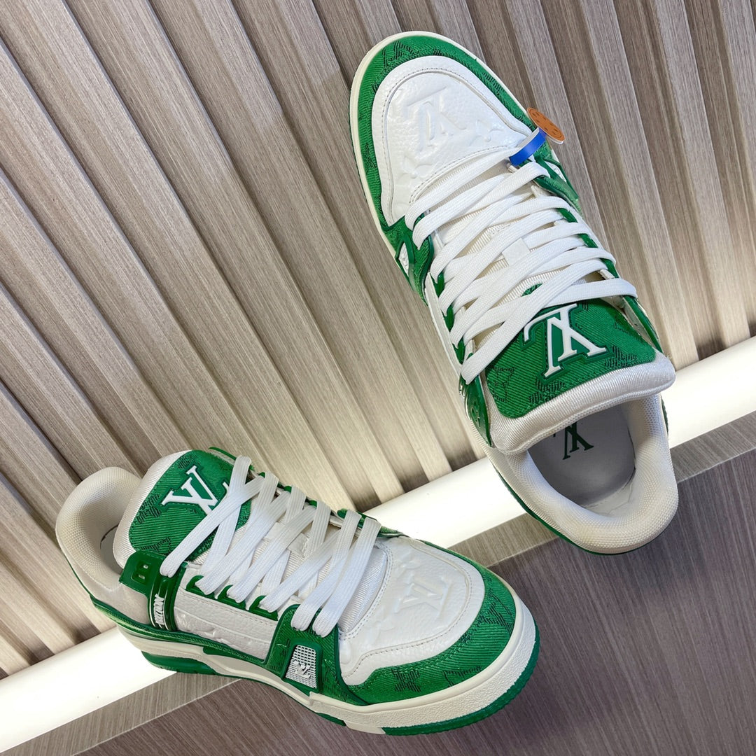 LV 26S LOW TOP SNEAKERS IN GREEN MONOGRAM DENIM AND WHITE CALFSKIN