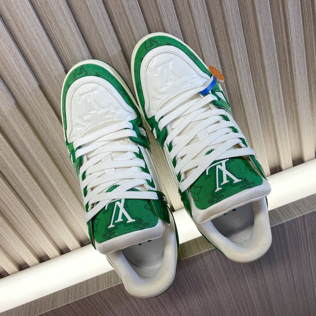 LV 26S LOW TOP SNEAKERS IN GREEN MONOGRAM DENIM AND WHITE CALFSKIN