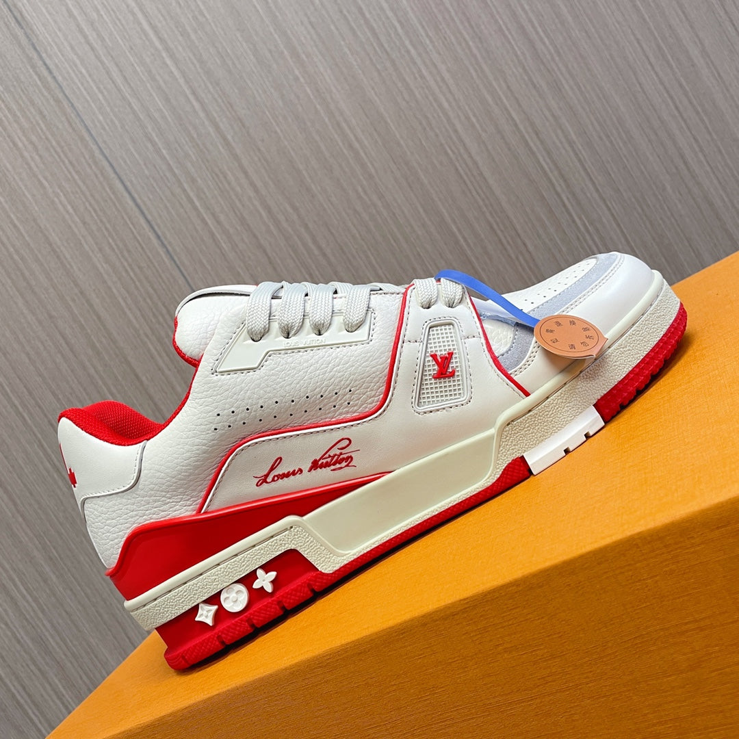 LV 26S LOW TOP SNEAKERS IN WHITE RED CALFSKIN WITH MONOGRAM SOLE DETAIL