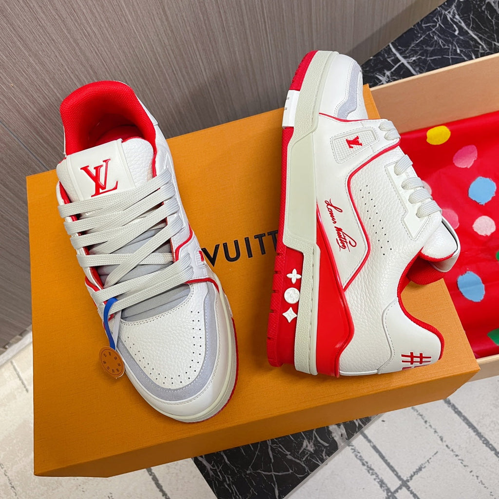 LV 26S LOW TOP SNEAKERS IN WHITE RED CALFSKIN WITH MONOGRAM SOLE DETAIL