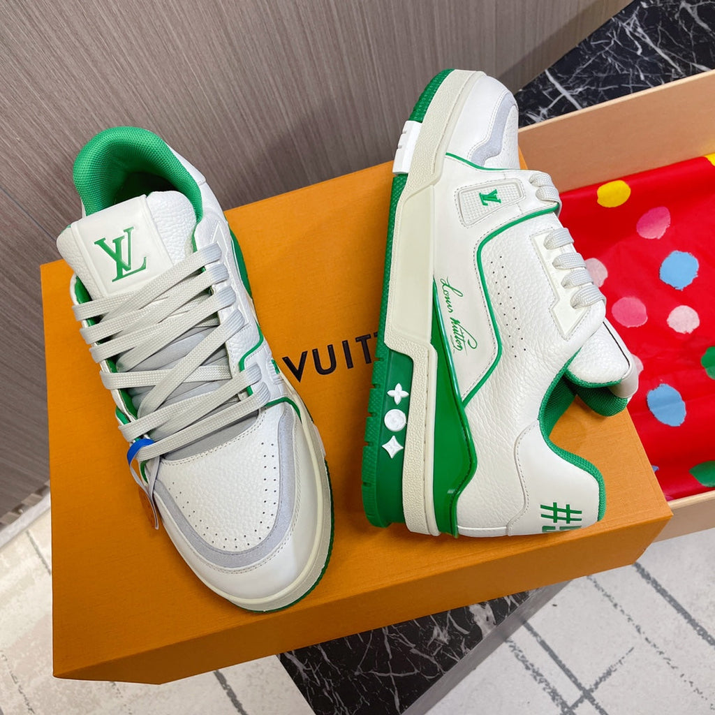 LV 26S LOW TOP SNEAKERS IN WHITE GREEN CALFSKIN WITH MONOGRAM SOLE DETAIL
