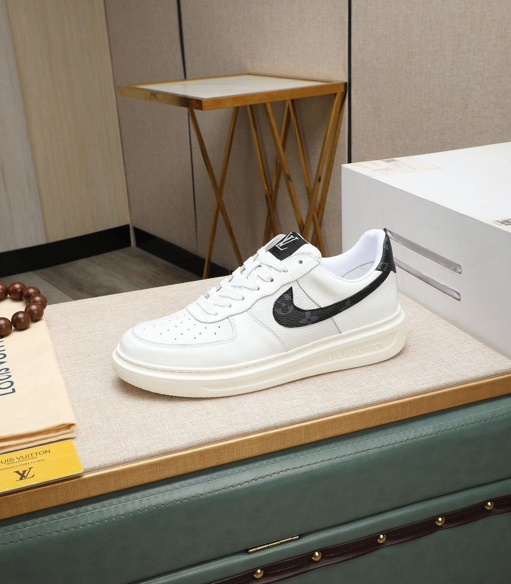 LV AIR FORCE 1 GLOSSY WHITE CALFSKIN WITH BLACK MONOGRAM LOGO