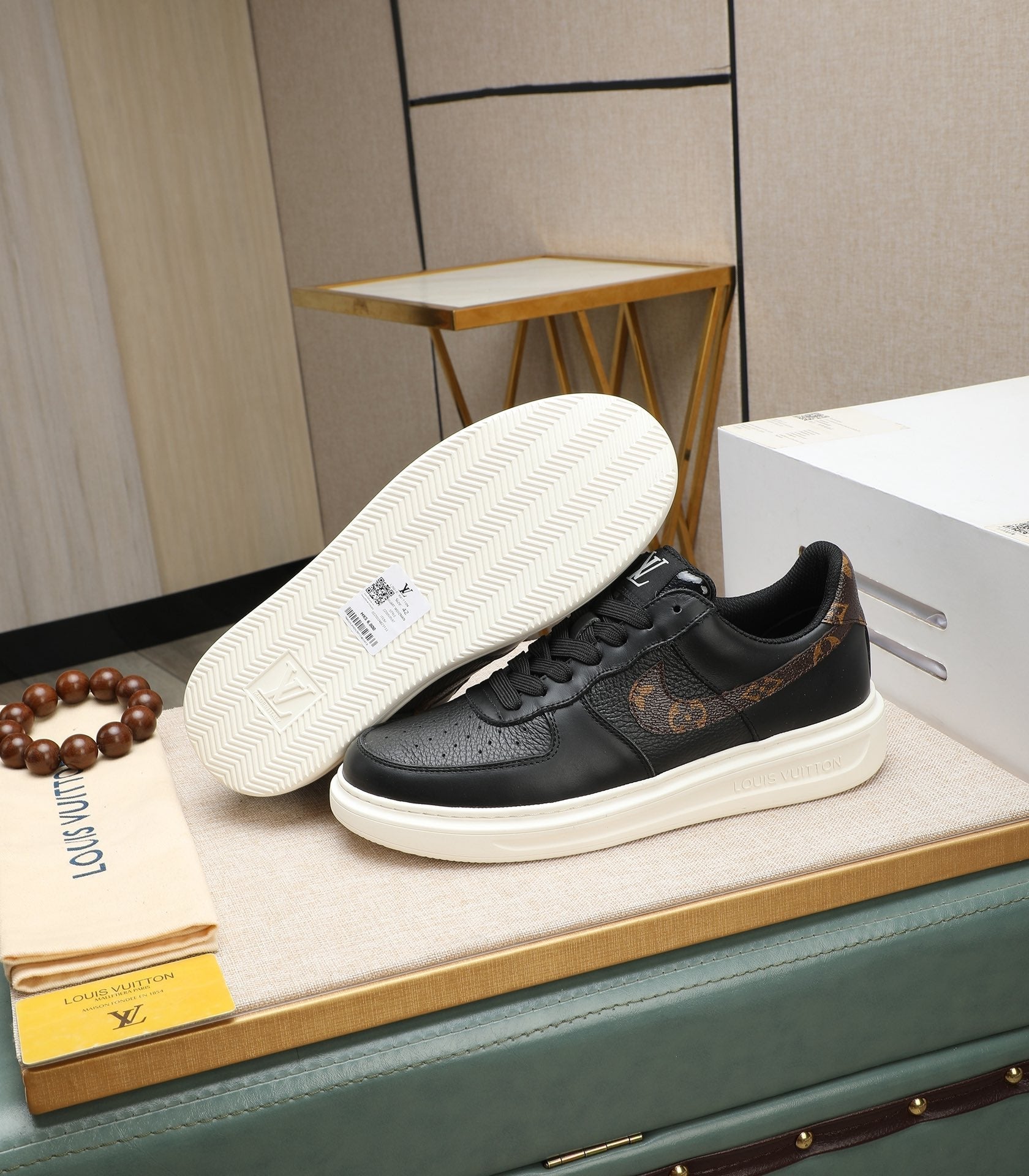 LV AIR FORCE 1 GLOSSY BLACK CALFSKIN WITH BROWN MONOGRAM LOGO