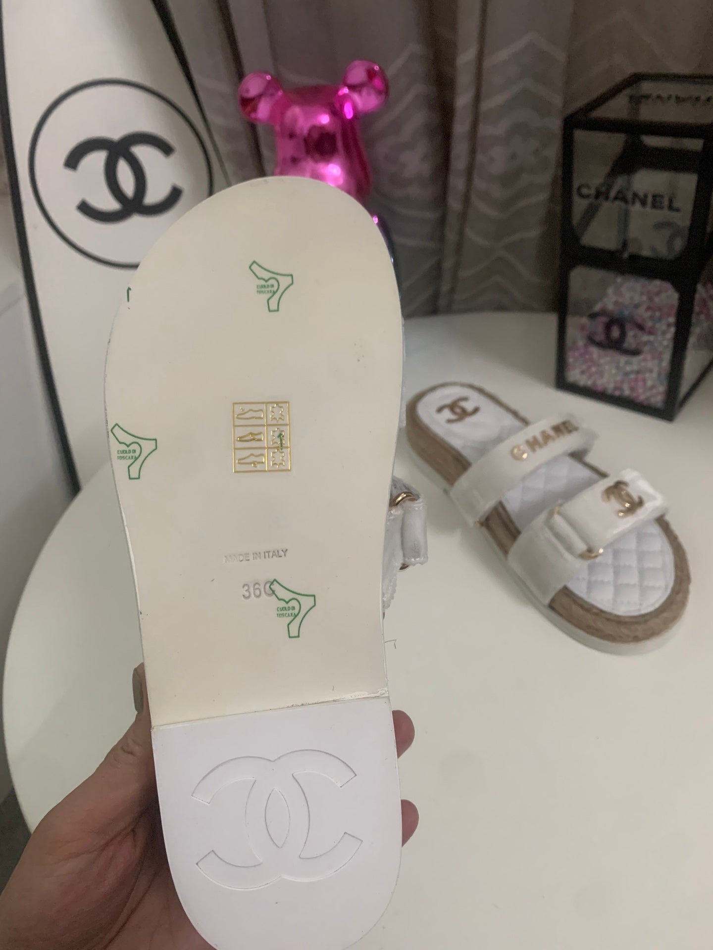 CHANEL 26S SLIDE SANDALS IN WHITE VELVET AND CALFSKIN WITH ROPE SOLE GOLD HARDWARE