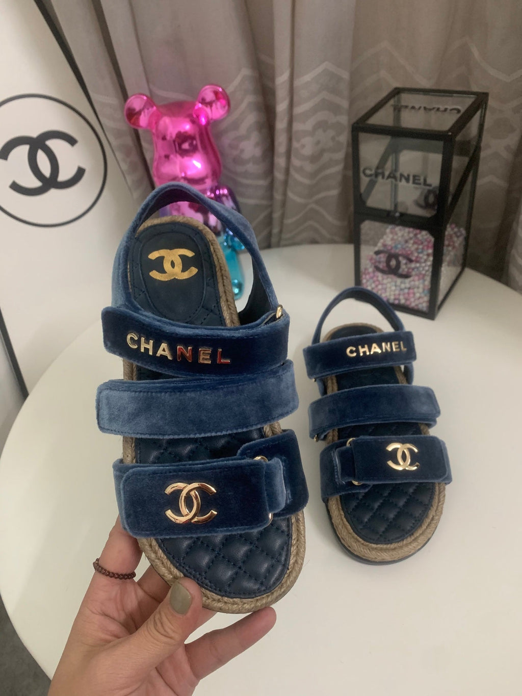 CHANEL 26S STRAPPY SANDALS IN NAVY BLUE VELVET WITH ROPE SOLE GOLD HARDWARE