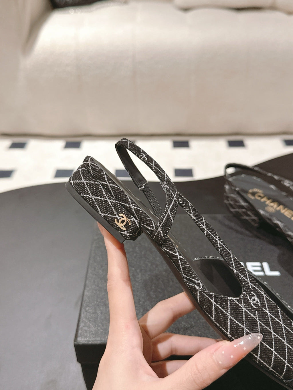 CC SLINGBACK 25S 25 MM IN BLACK DENIM WITH PLAID PATTERN