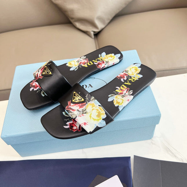 PRA PRINTED SLIDES SLIPPERS BLACK LAMBSKIN