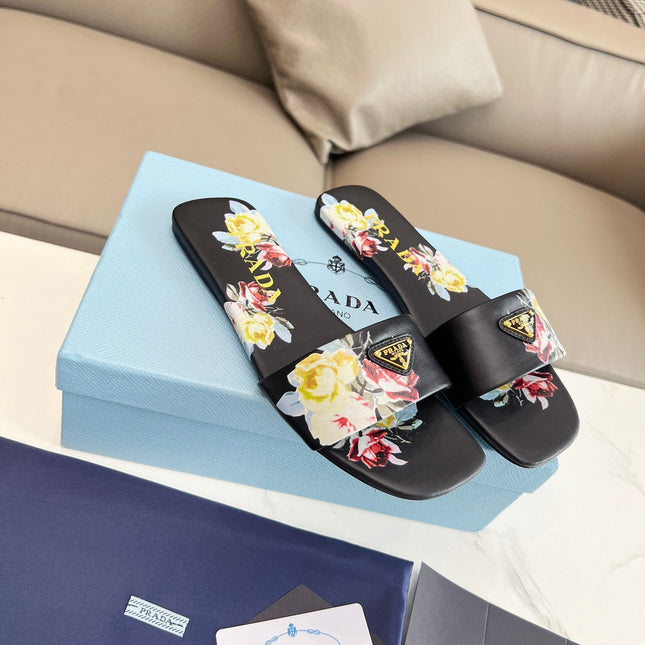 PRA PRINTED SLIDES SLIPPERS BLACK LAMBSKIN
