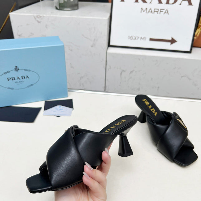 PRA CROSS MULE HEELS IN BLACK CALFSKIN WITH PADDED STRAPS