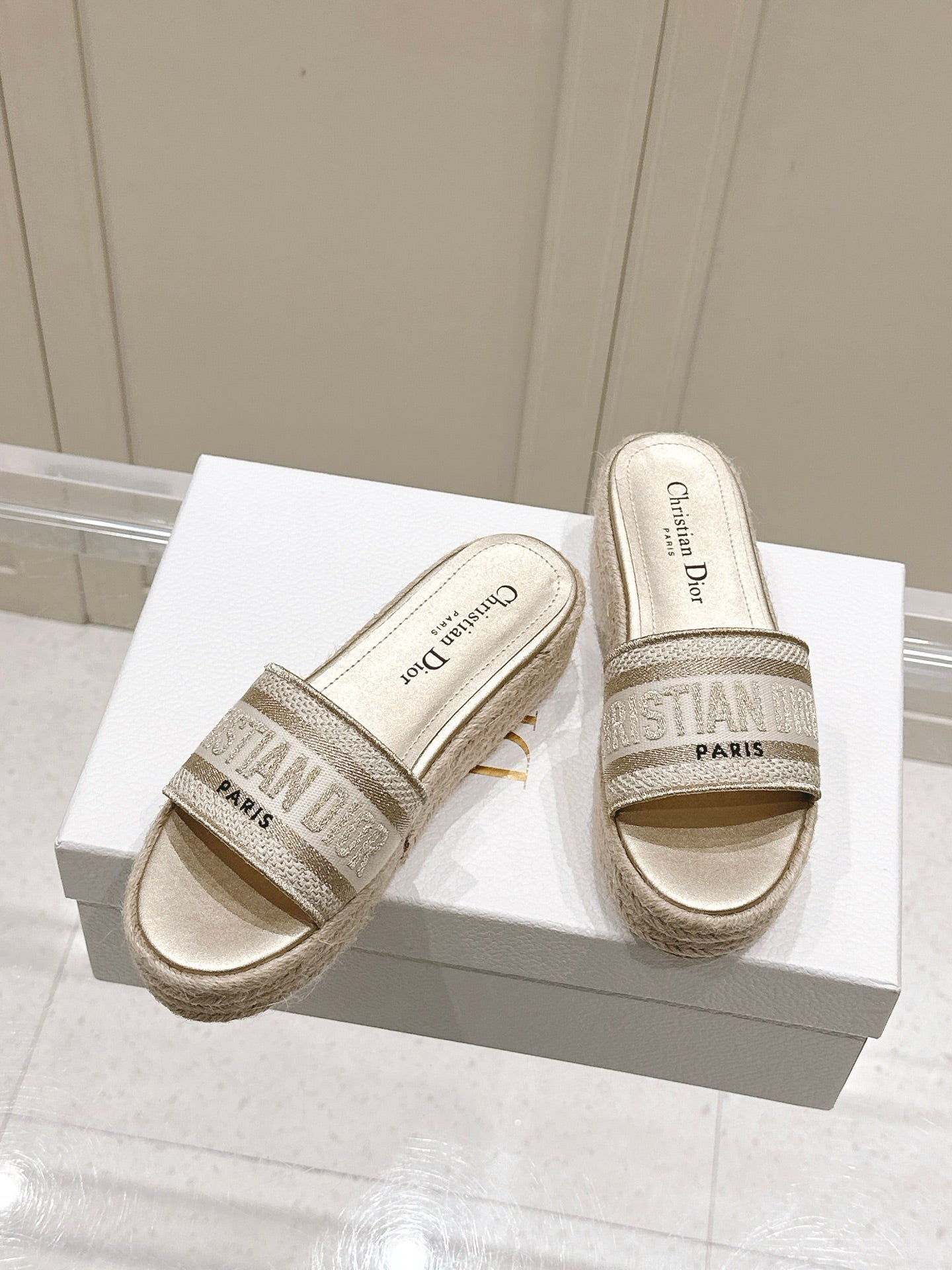DWAY WEDGE SLIDES 45MM IN WARM GREIGE FABRIC RAFFIA SOLE