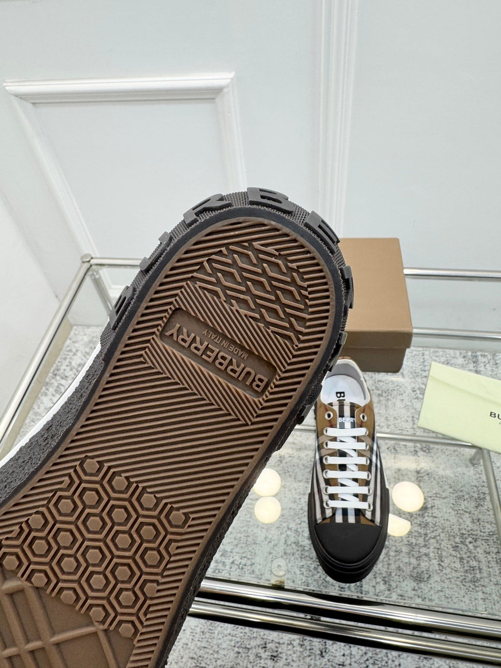BURBERRY 26S VINTAGE CHECK SNEAKERS IN DARK BROWN AND BLACK CANVAS