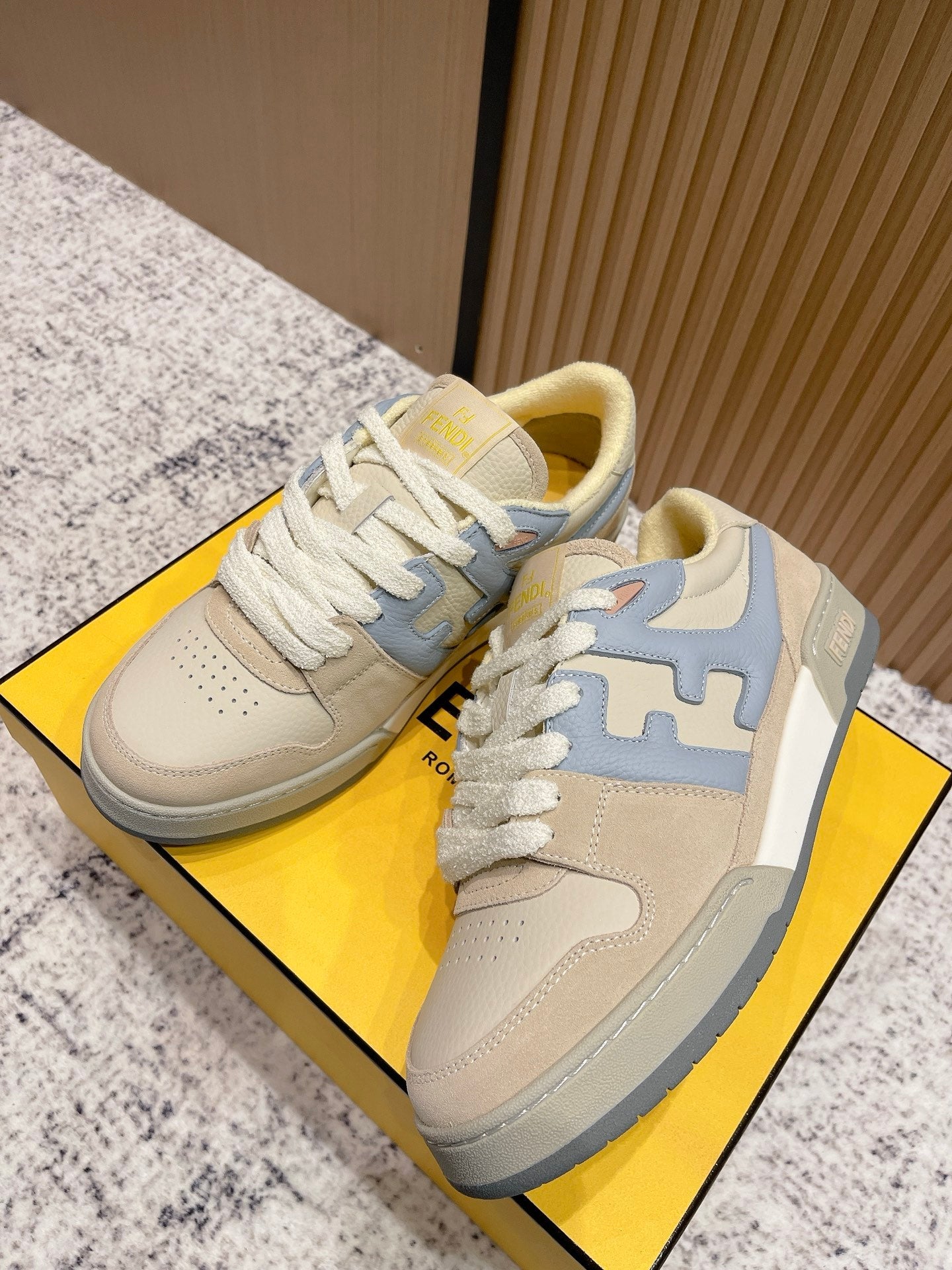 FENDI 25S MATCH SNEAKERS IN BEIGE MIX BLUE CALFSKIN AND SUEDE STYLE 10