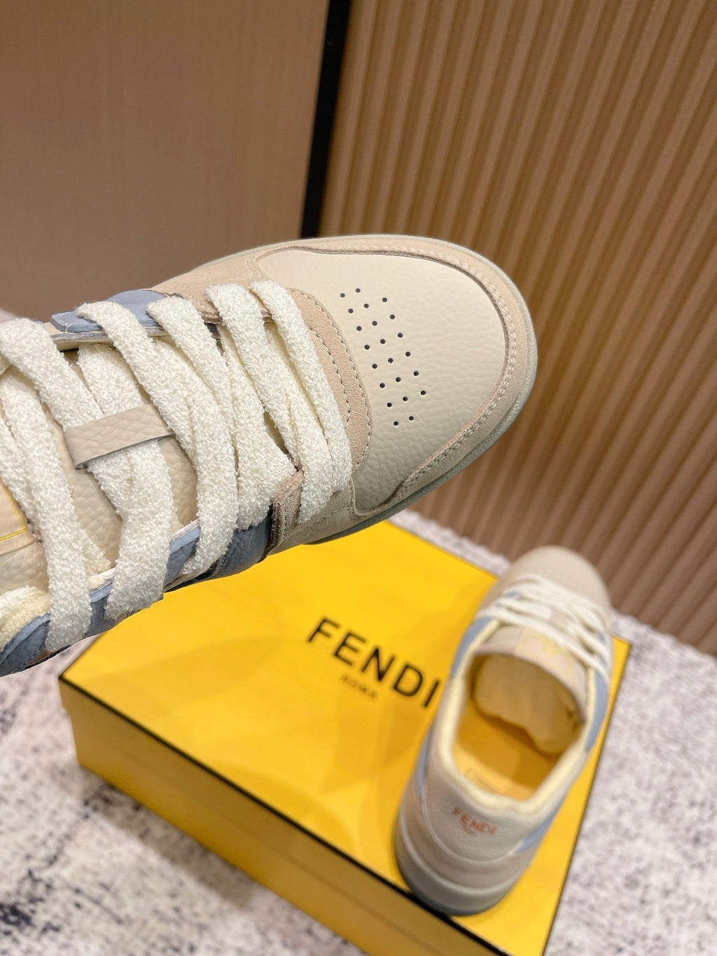 FENDI 25S MATCH SNEAKERS IN BEIGE MIX BLUE CALFSKIN AND SUEDE STYLE 10