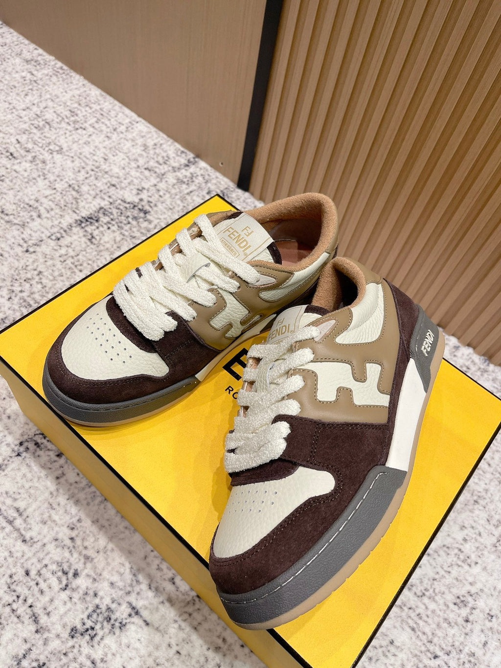 FENDI 25S MATCH SNEAKERS IN BEIGE CALFSKIN AND DARK BROWN SUEDE STYLE 8