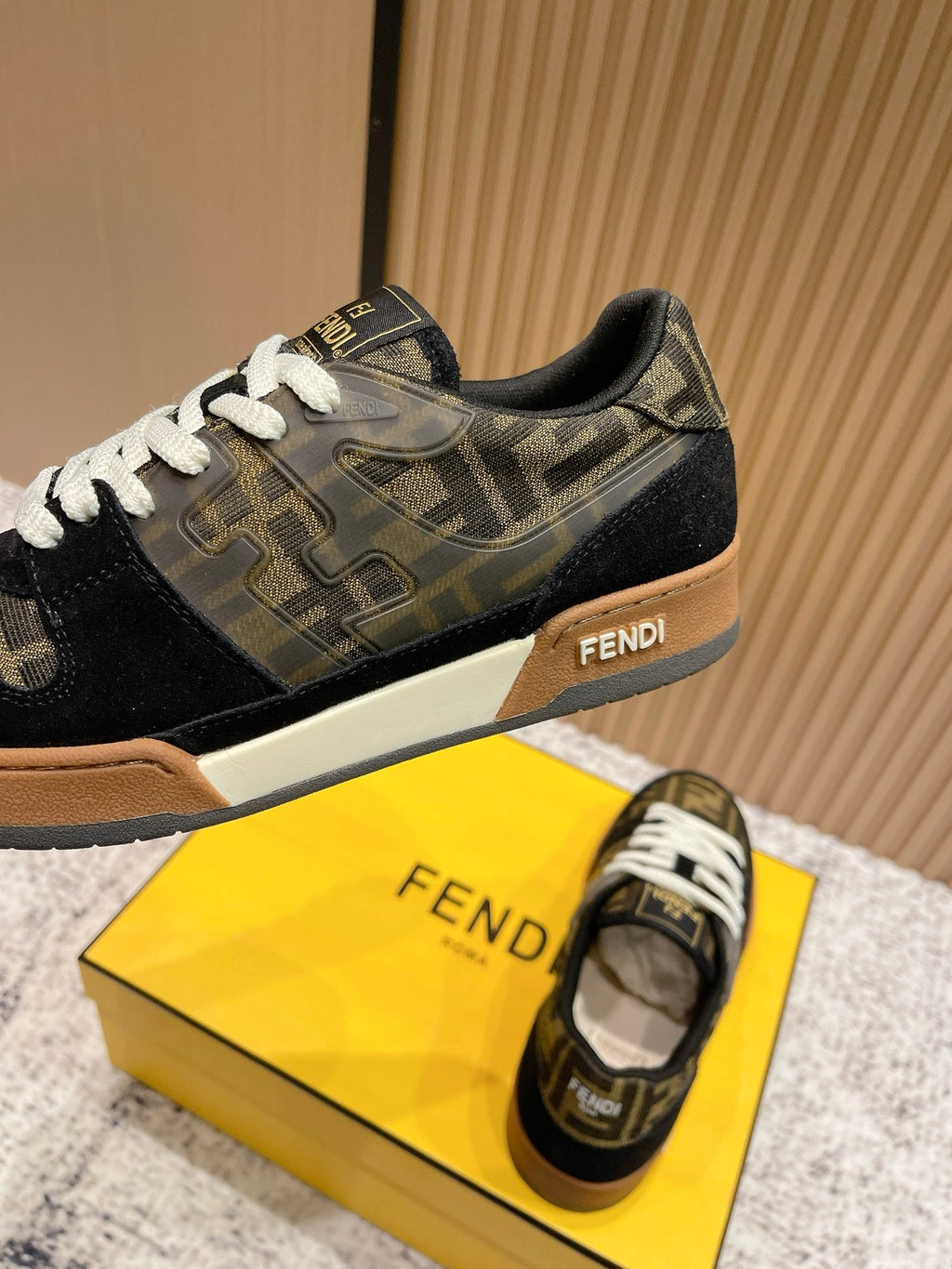 FENDI 25S MATCH SNEAKERS IN BLACK SUEDE MIX BROWN CANVAS STYLE 5