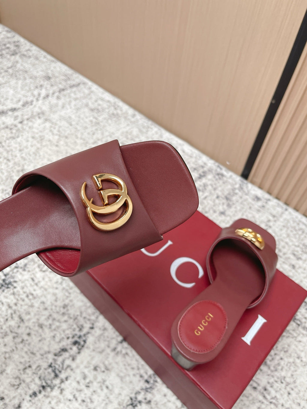 GUCCI 26S GG LOGO HIGH-HEEL MULES IN DARK RED CALFSKIN
