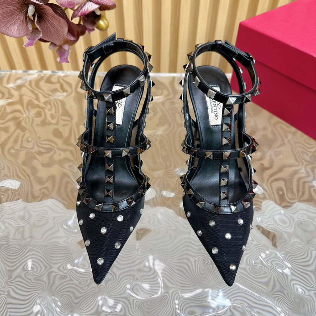 ROCKSTUD MIRROR-EFFECT PUMP WITH MATCHING STRAPS AND STUDS 95 MM BLACK CALFSKIN  AND MESH