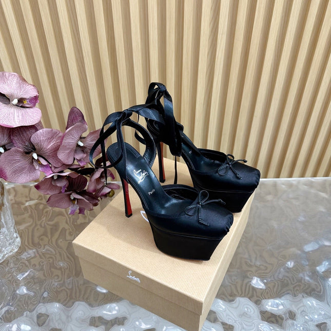 CASSIA LACE UP PLATFORM 155MM IN BLACK SATIN