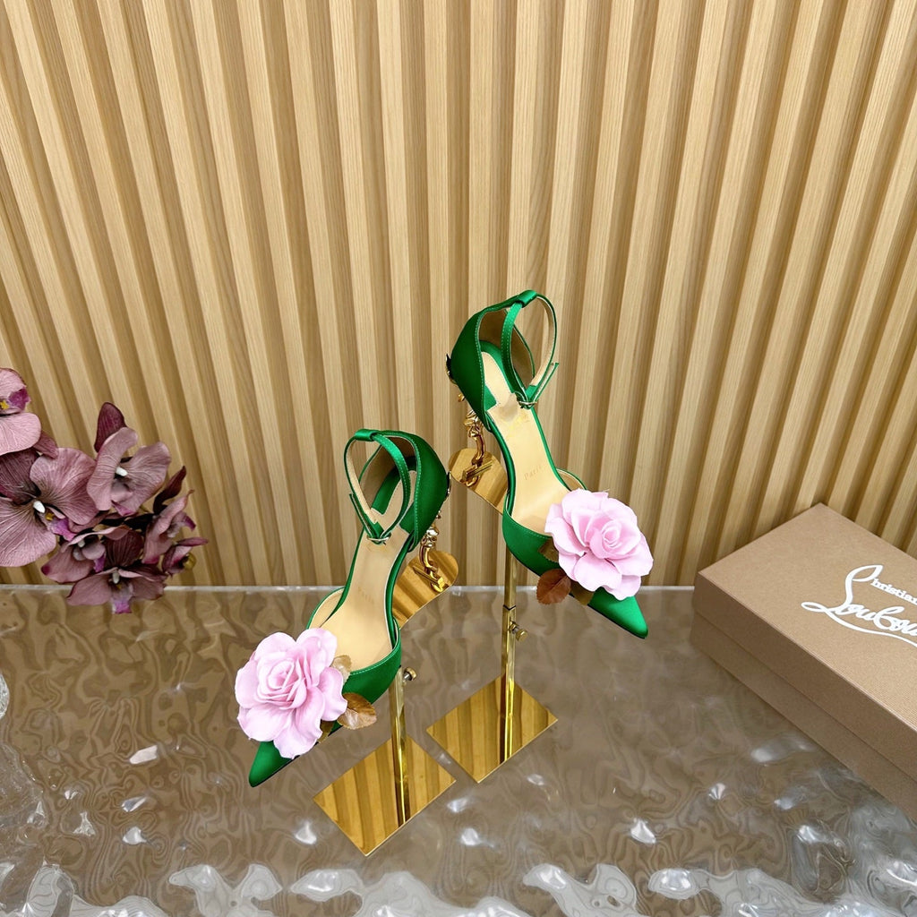 PINK BELLAROSE STRAP PUMPS 110MM IN GREEN CREPE SATIN