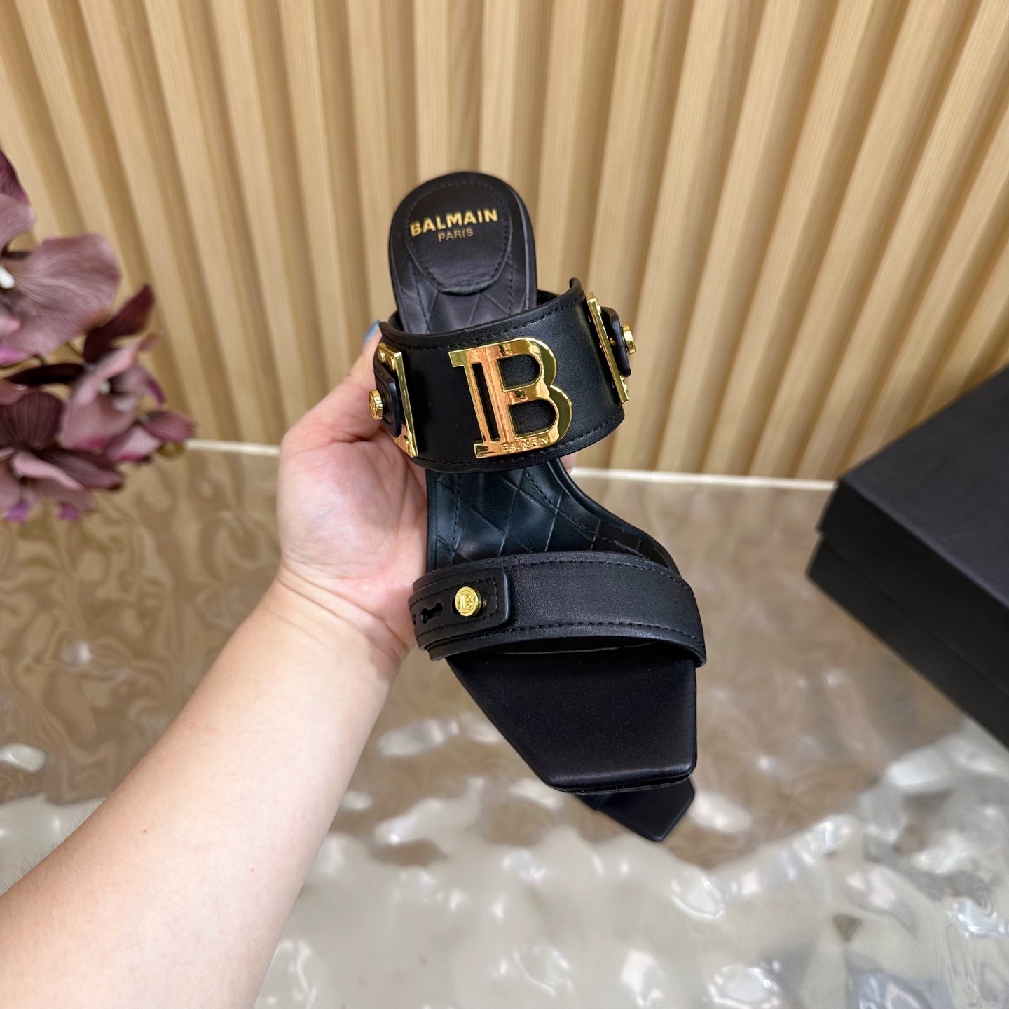 BALMAIN 25S MULES IN STRIPED LEATHER 95MM IN BLACK CALFSKIN GOLD HARDWARE
