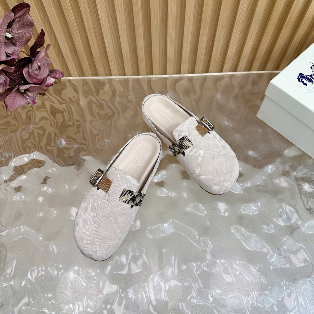 BURBERRY 26S PLAID BUCKLE MULES IN LIGHT BEIGE SUEDE