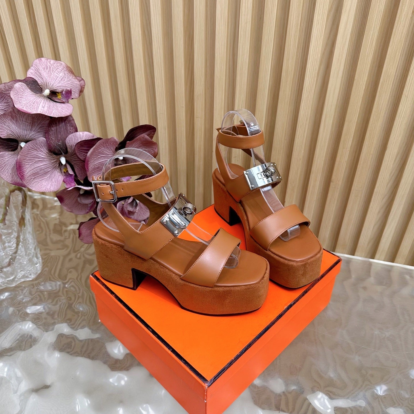 HM 25S CLASSIC WEDGE SANDALS 70 MM IN BROWN LAMBSKIN WITH SILVER HARDWARE
