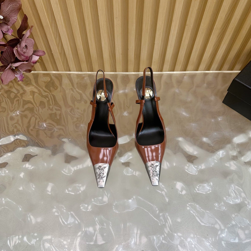 YSL 25S HIGH-HEEL SLINGBACKS 105 MM IN REDWOOD BROWN LAMBSKIN AND SILVER HARDWARE