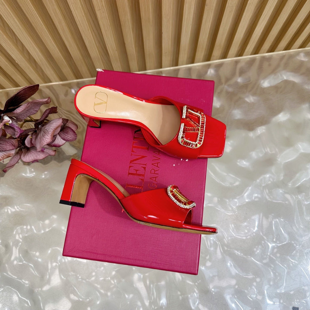 VALENTINO 25S HIGH-HEEL MULES 60 MM IN RED PATENT CALFSKIN WITH CRYSTAL-EMBELLISHED STRAP