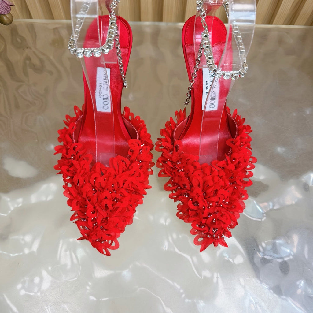 JIMMY CHOO 26S HIGH HEELS 100 MM IN RED FABRIC AND LAMBSKIN CRYSTAL STRAPS