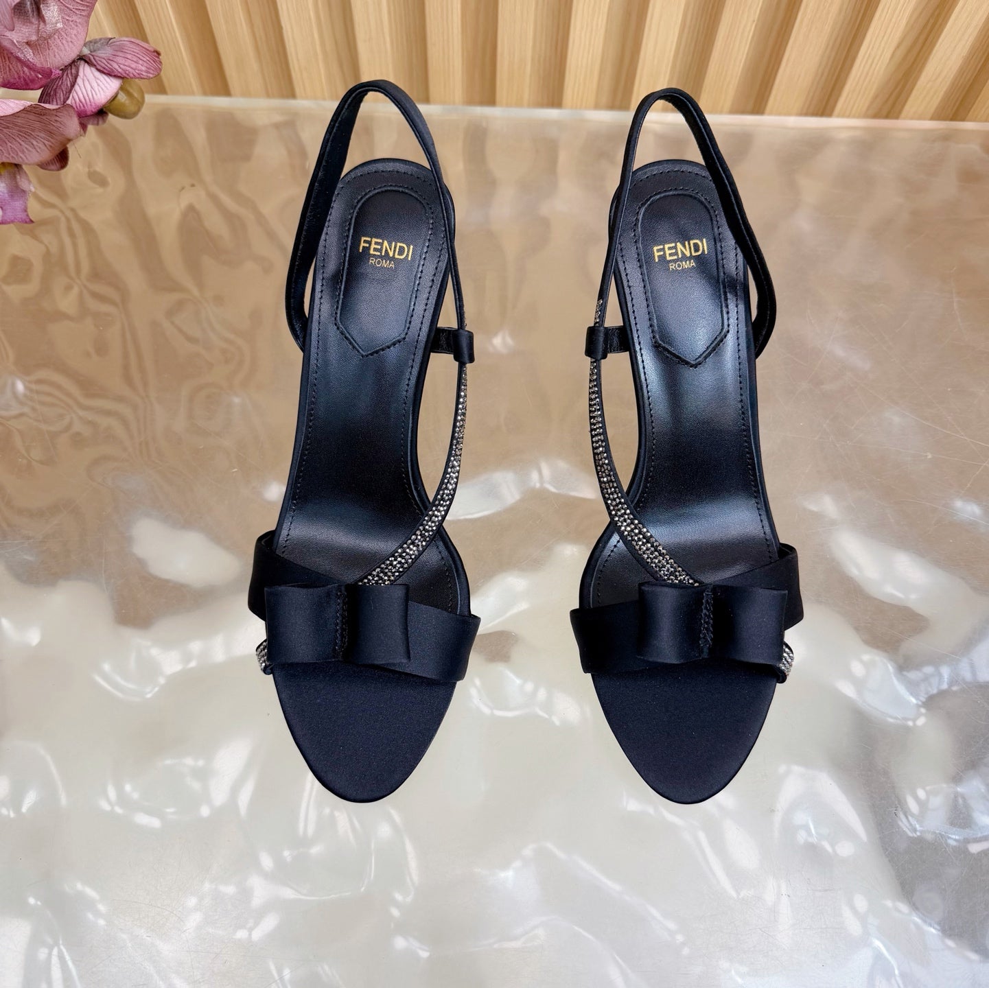 FENDI 26S HIGH-HEELED SANDALS 90 MM IN BLACK SATIN