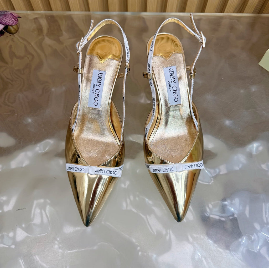 JIMMY CHOO 26S SLINGBACK HEELS 65 MM IN GOLD PATENT CALFSKIN