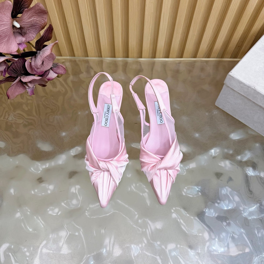 JIMMY CHOO 26S SLINGBACK HEELS 60 MM IN LIGHT PINK SATIN WITH KNOT DETAIL