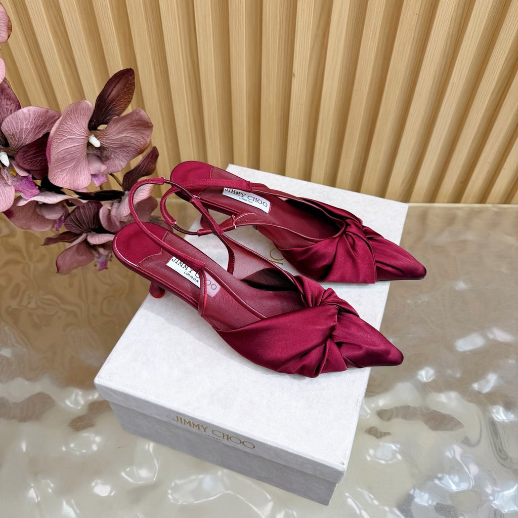 JIMMY CHOO 26S SLINGBACK HEELS 60 MM IN DARK RED SATIN WITH KNOT DETAIL