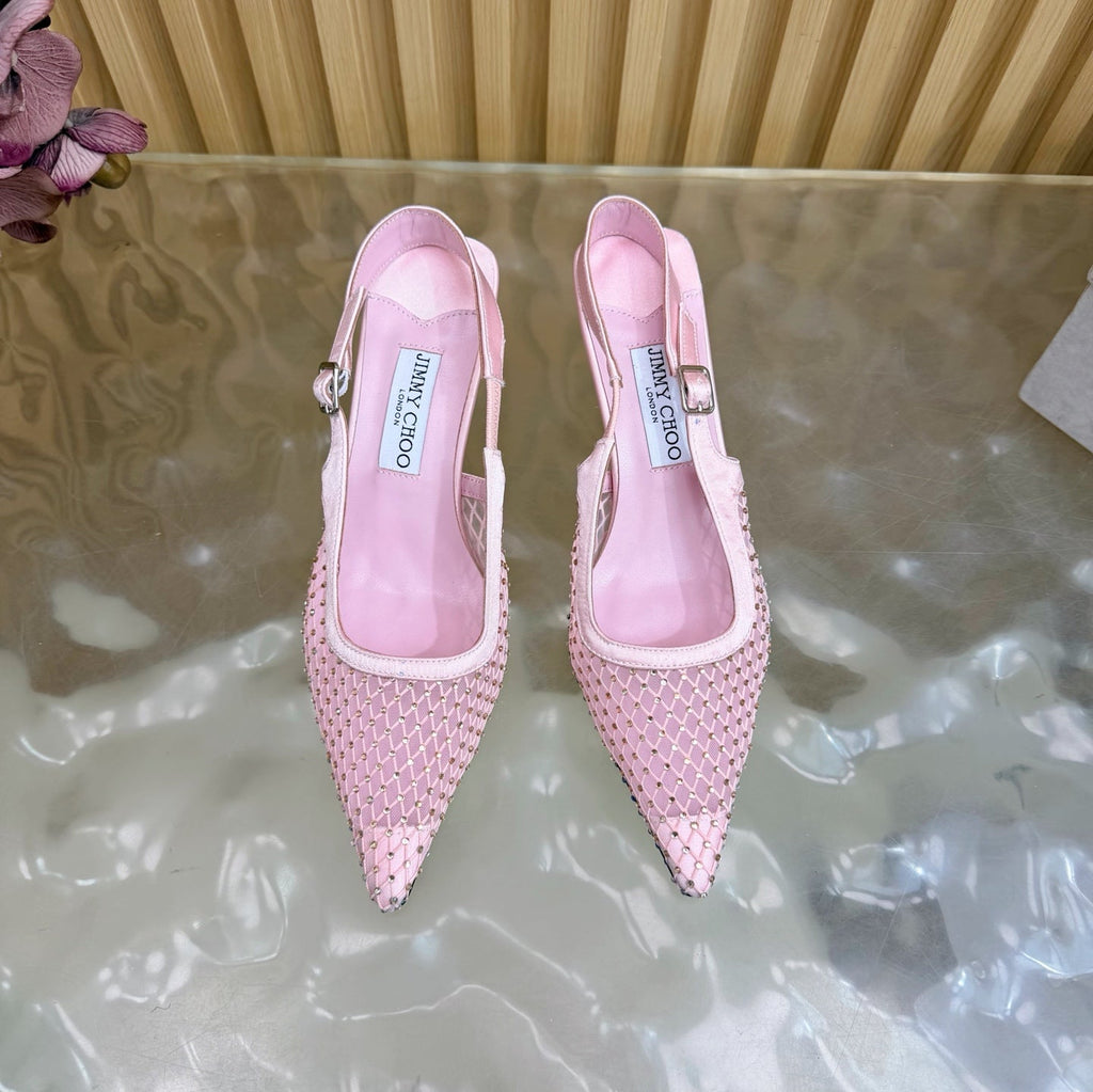JIMMY CHOO 26S SLINGBACK HEELS 60 MM IN LIGHT PINK MESH & CRYSTALS