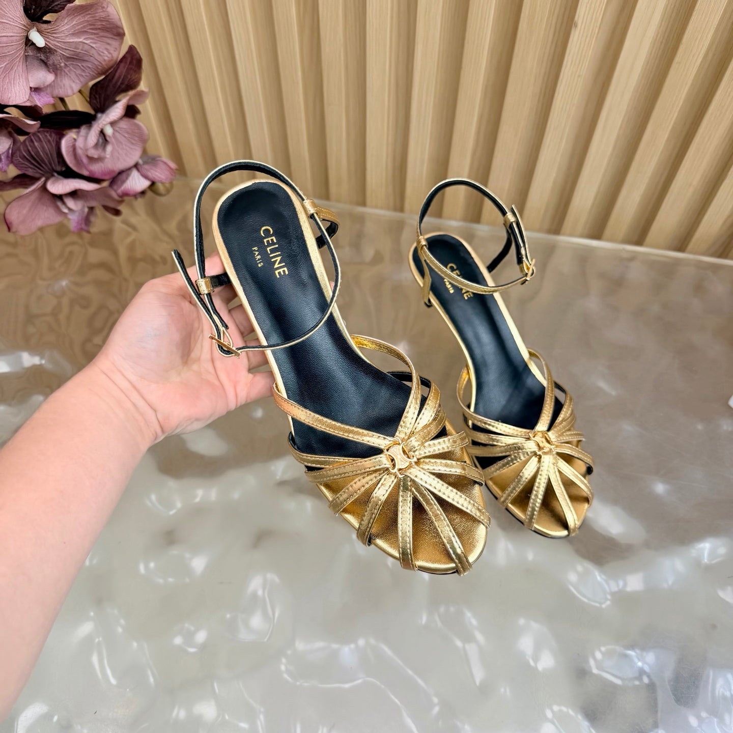 CELINE 26S TRIOMPHE STRAPPY HEELED SANDEL IN METALIC GOLD LABSKIN