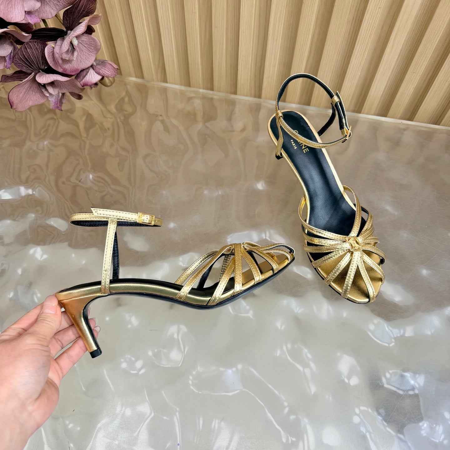 CELINE 26S TRIOMPHE STRAPPY HEELED SANDEL IN METALIC GOLD LABSKIN