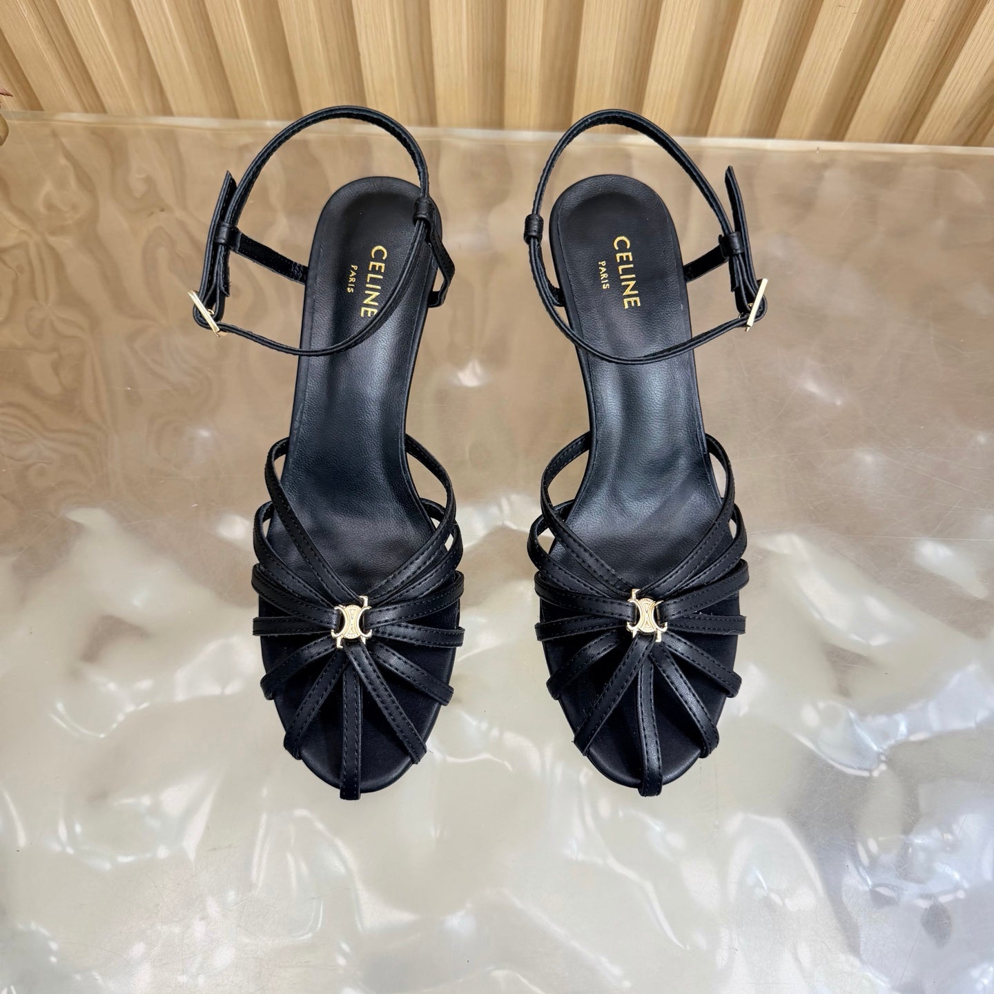 CELINE 26S TRIOMPHE STRAPPY HEELED SANDEL IN BLACK LAMBSKIN